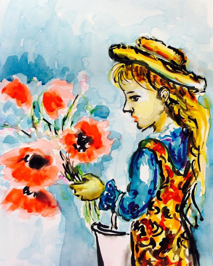 Little girl with poppies Painting by Hae Kim