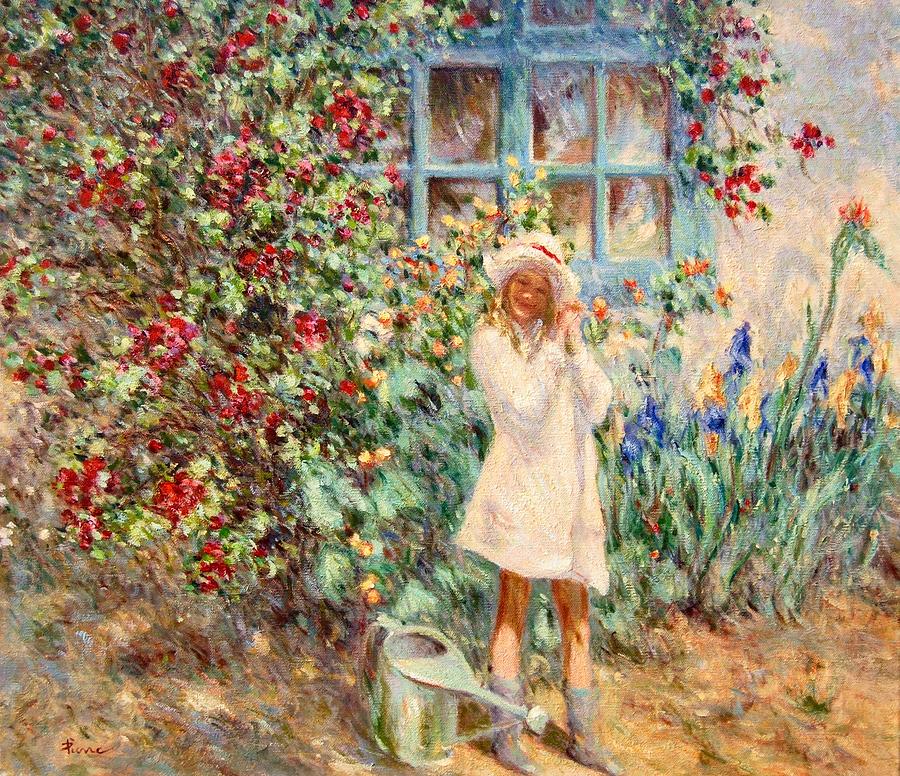 Little girl with roses  Painting by Pierre Dijk