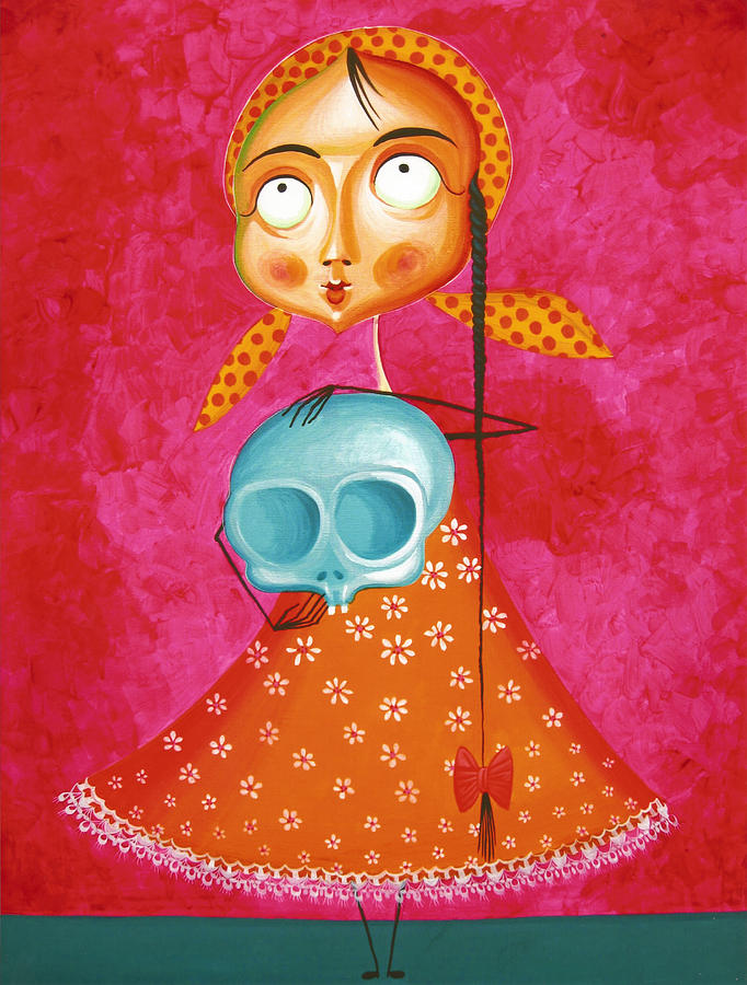 Little Girl With Toy Skull - Acrylic Painting On Canvas Painting