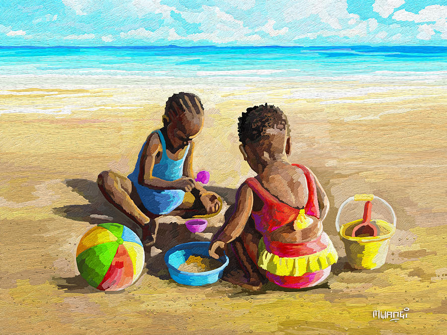 Little Girls at the Beach Painting by Anthony Mwangi