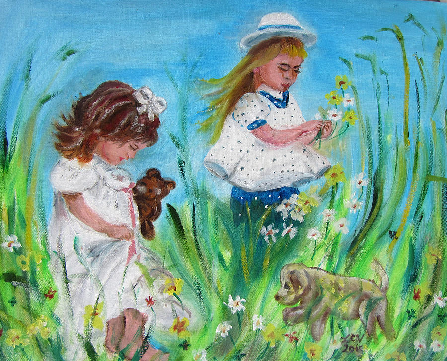 Little Girls Picking Flowers Painting by Lucille  Valentino