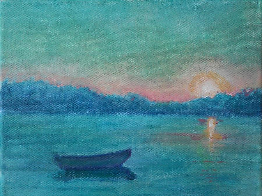 Sunset Painting - Little Green Boat by Sarah Warda-Borino