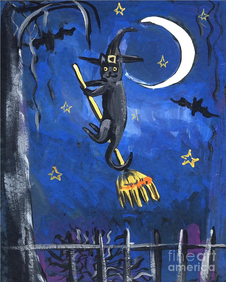 Little Halloween Cat Witch Painting By Follow Themoonart Fine Art America