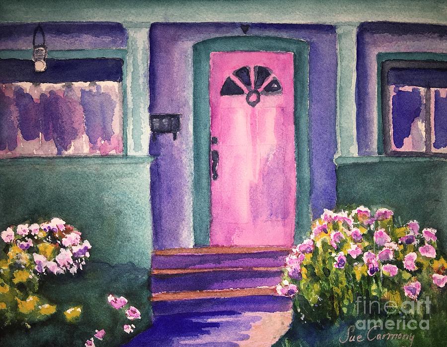 Little House with Pink Door Painting by Sue Carmony