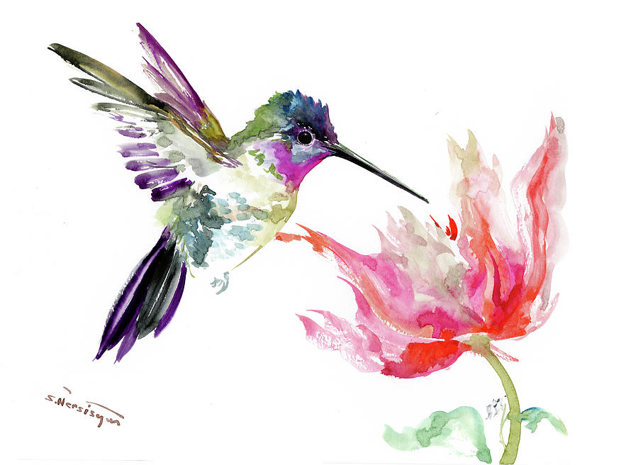 Little Hummingbird and Big Flower Painting by Suren Nersisyan