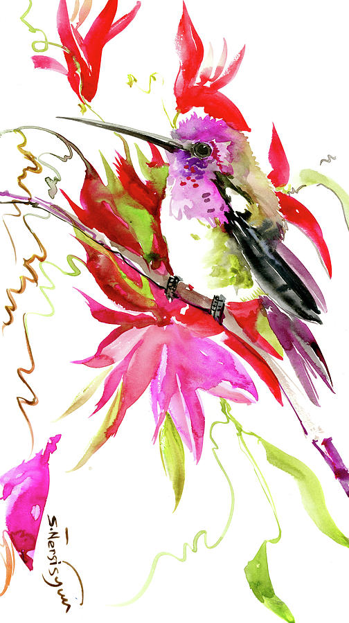 Little HUmmingbird and Red Tropical Flowers Painting by Suren Nersisyan