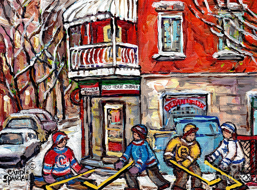 Little Italy Montreal Winterscene Painting For Sale Snowy Hockey Scene Depanneur Dante C Spandau Art Painting by Carole Spandau