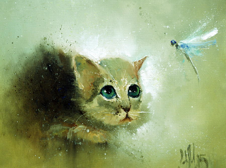 Little Kitty and Dragonfly Painting by Igor Medvedev