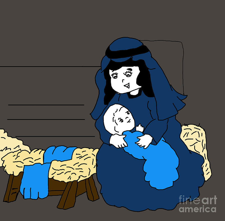 Christmas Digital Art - Little Mary and Jesus in Blues by Sonya Chalmers