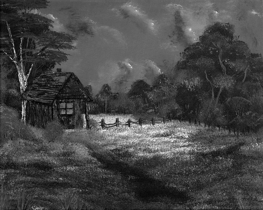 Black And White Painting - Little Pigs Barn In The Moonlight In Black And White by Claude Beaulac