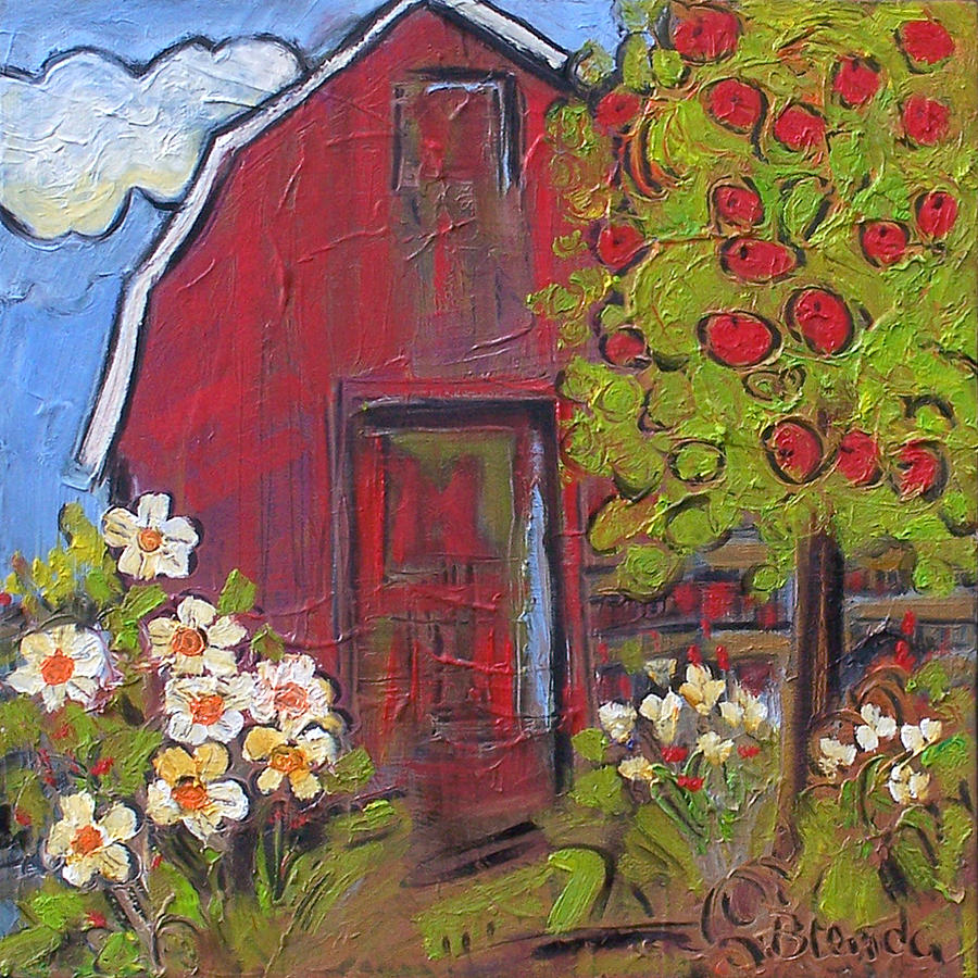 Flower Painting - Little Red Barn by Blenda Studio