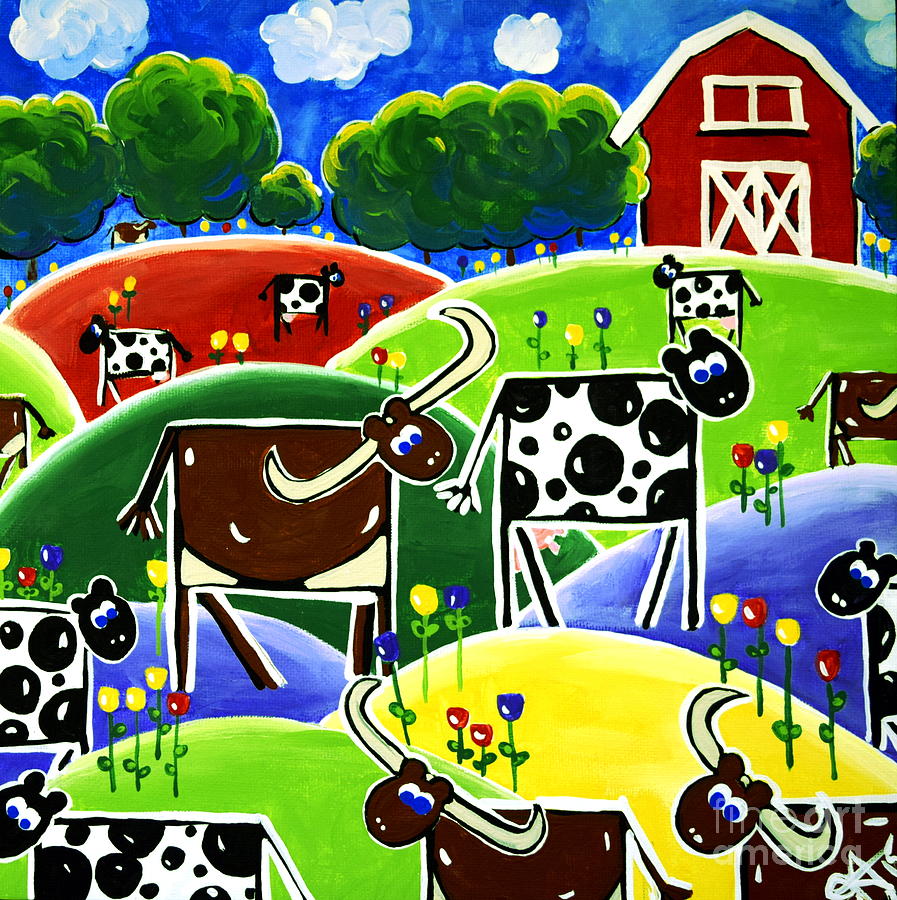 Little Red Barn Texas Longhorns Dairy Dairy Gift Hills Flowers Trees Jackie Carpenter Holstein Cows Painting