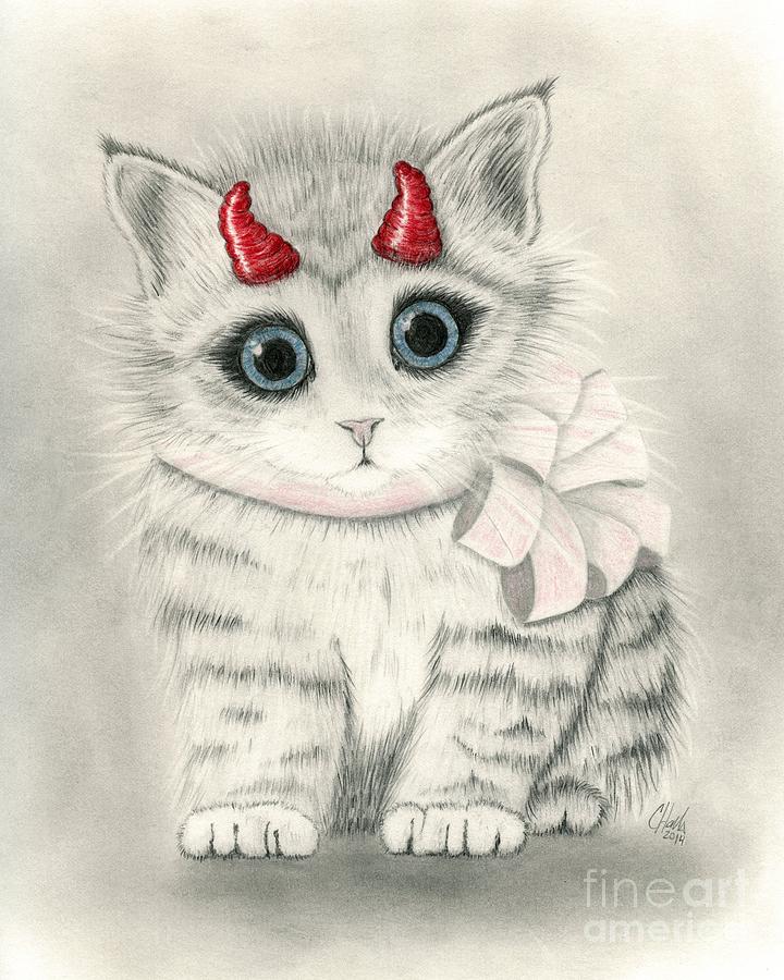 Little Red Horns - Cute Devil Kitten Drawing by Carrie Hawks