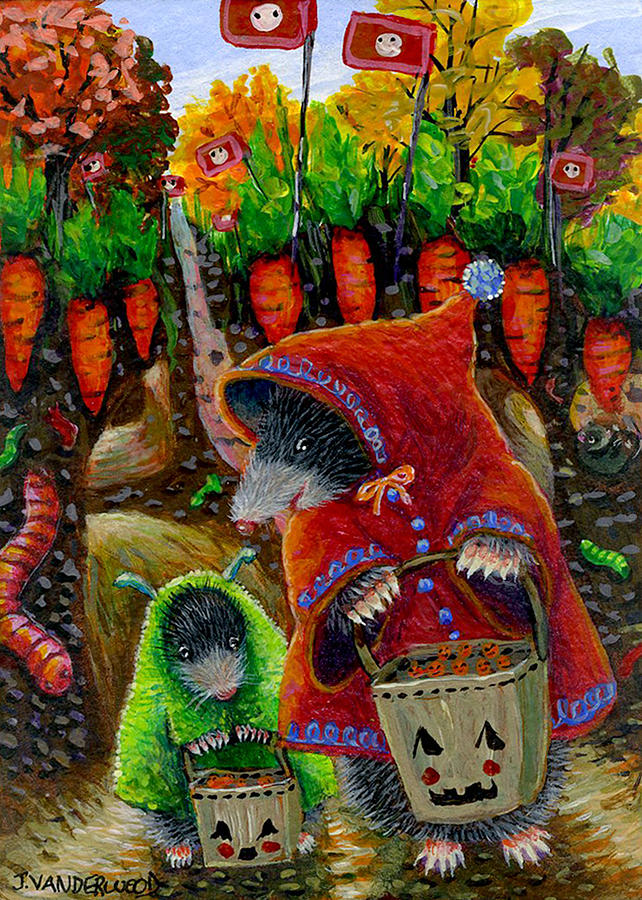 Little Red Riding Mole and Little Green Monster Mole Painting by Jacquelin L Vanderwood Westerman