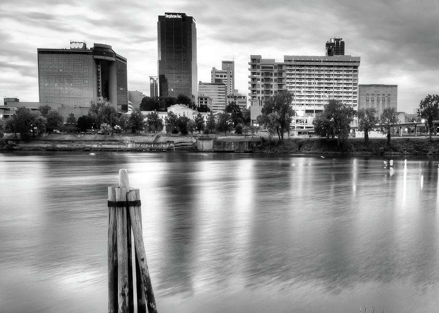Little Rock Arkansas Skyline on the River - Black and White Photograph by Gregory Ballos