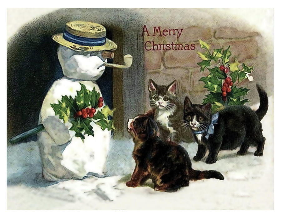 Cat Painting - Little snowman meets three cats by Long Shot
