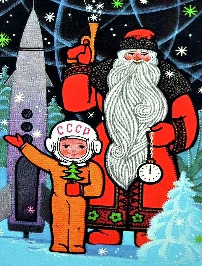 Little soviet astronaut with Santa Mixed Media by Long Shot