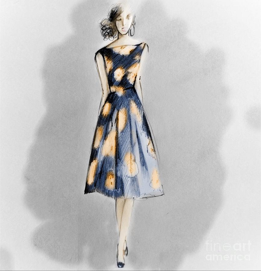 Bassia 1957 Original Fashion Drawing, Summer Dress, Plissés