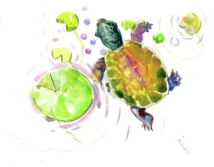 Little Turtle and Lily Pads Painting by Suren Nersisyan