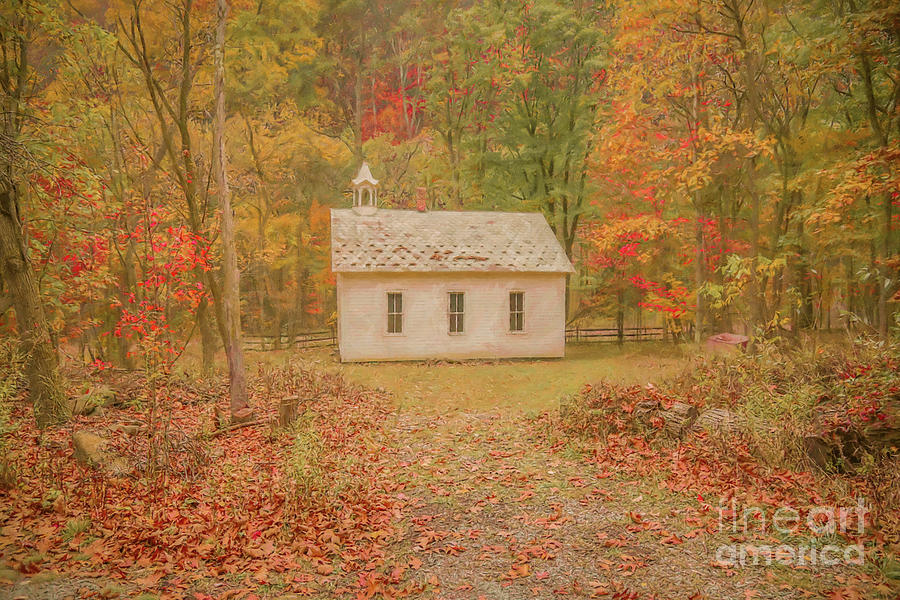 Fall Digital Art - Little White Schoolhouse by Randy Steele