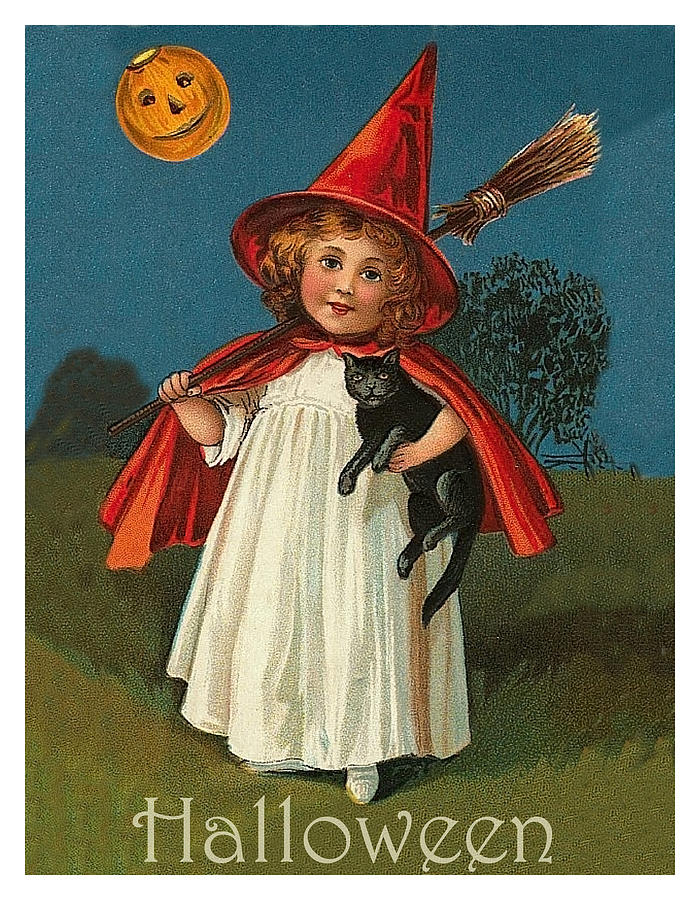 Little witch girl at Halloween night Mixed Media by Long Shot