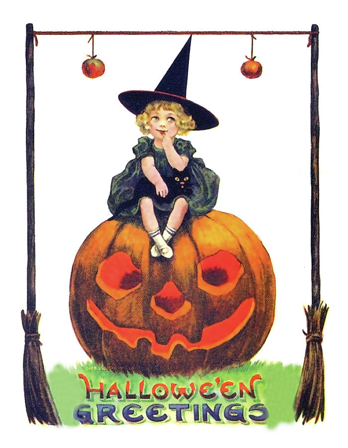 Little witch on a big pumpkin Mixed Media by Long Shot