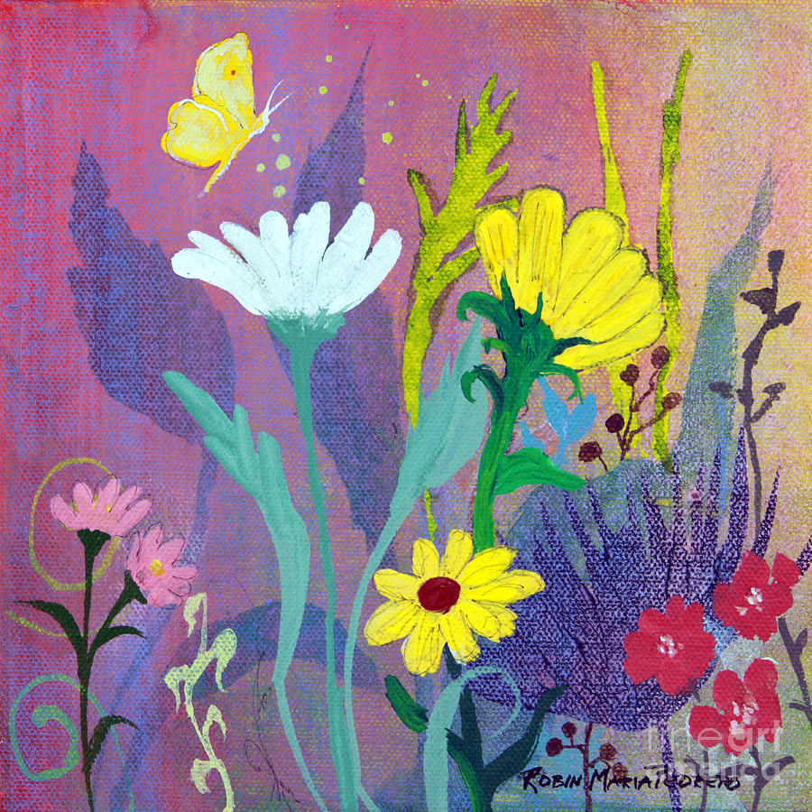 Little Yellow Butterfly with Daisies Painting by Robin Pedrero