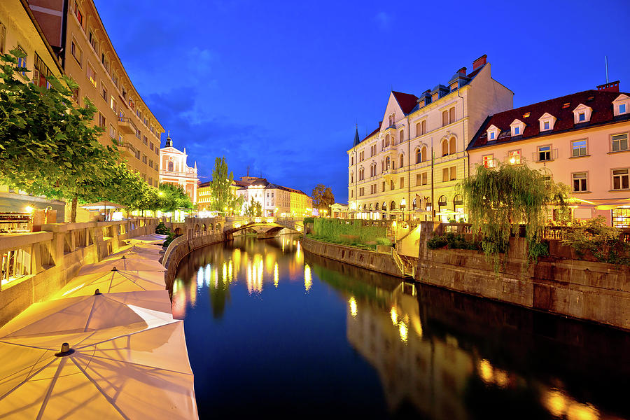 Ljubljanica river waterfront in Ljubljana evening view Photograph by Brch Photography