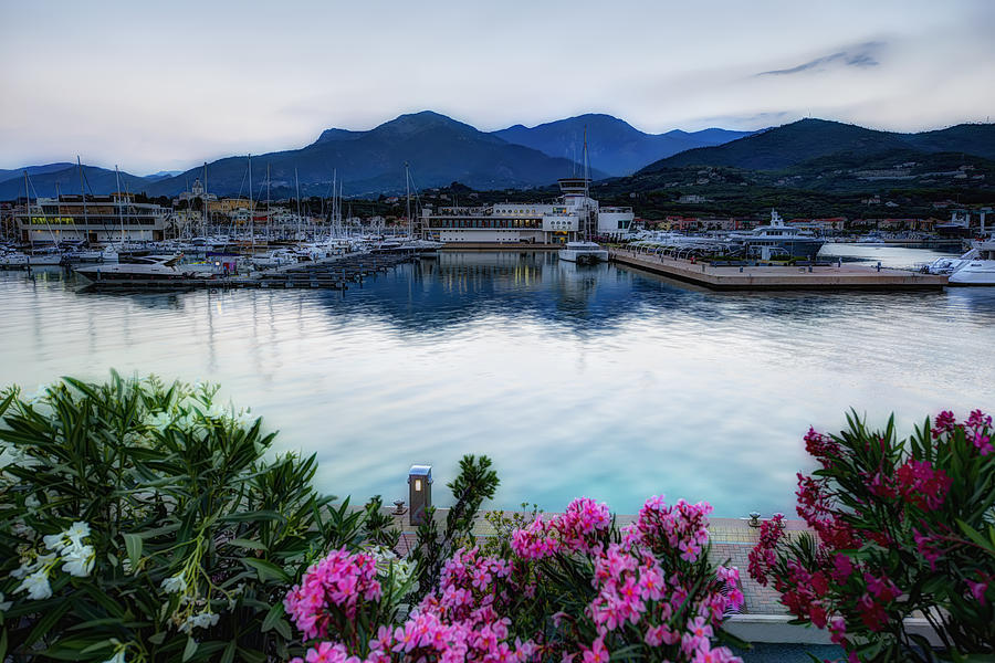 LOANO SUNSET over sea and mountains with flowers Photograph by Enrico Pelos