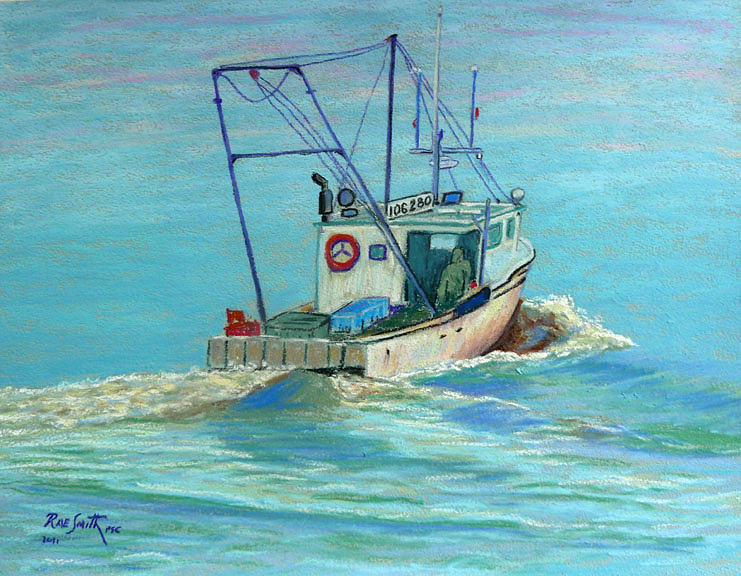 Lobster Boat off the cottage Pastel by Rae  Smith PSC