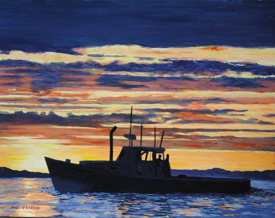 Lobster Boat Running At Sunset Painting by Paul Larson