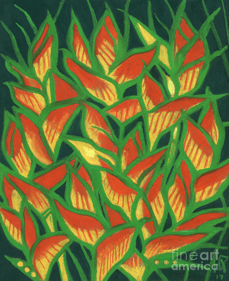 Contemporary Floral Painting - Lobster Claw / Heliconia Rostrata, tropic flowers, green, yellow and orange by Julia Khoroshikh