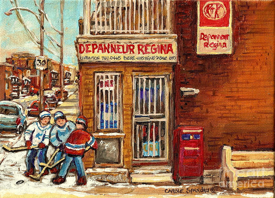 Local Corner Depanneur Regine Street Hockey Winter Scenes Canadian Art For Sale Carole Spandau       Painting by Carole Spandau