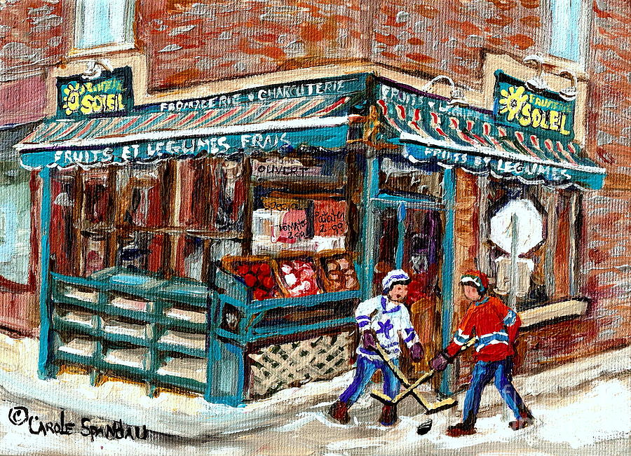 Local Grocery Store Fruits Soleil Verdun Store Painting Street Hockey Canadian Art Carole Spandau Painting by Carole Spandau