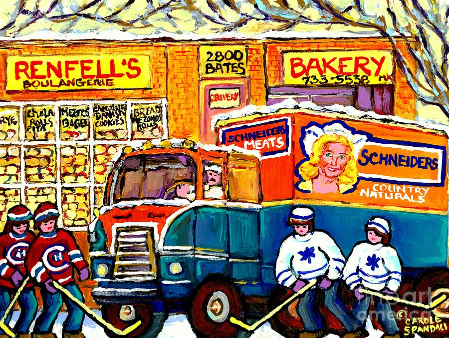 Local Kosher Bake Shop Montreal Memories Hockey Art Winter Scene Deli Truck Canadian Art C Spandau   Painting by Carole Spandau