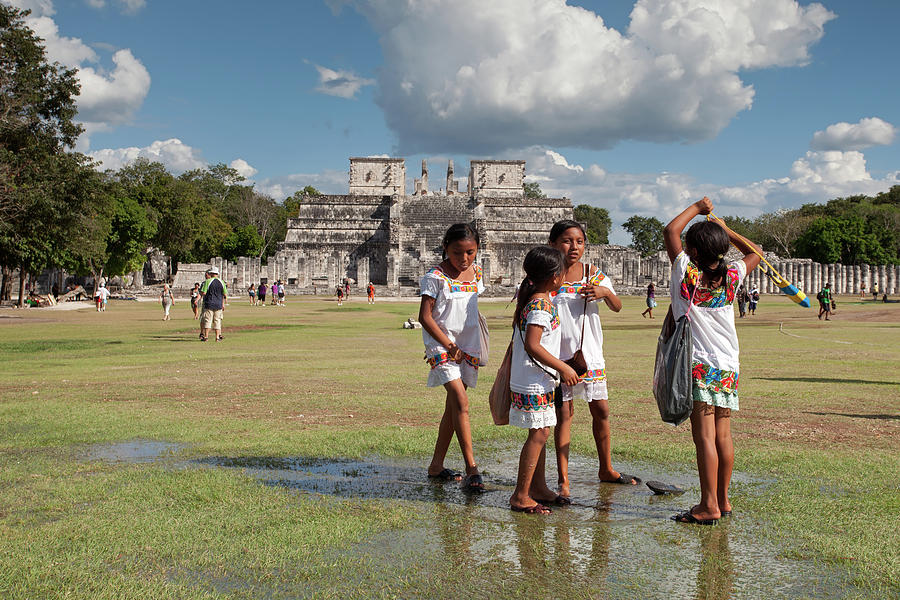 Local Schoolgirls and Temple of a Thousand Warriors in Chichen Itza Photograph by Aivar Mikko