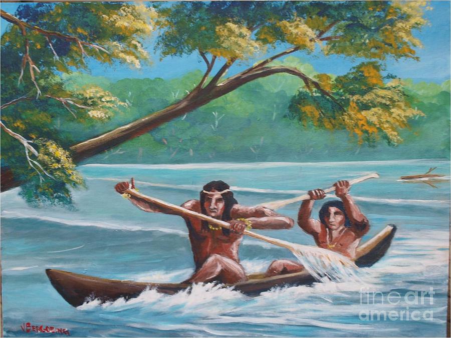 Locals rowing in the Amazon River Painting by Jean Pierre Bergoeing
