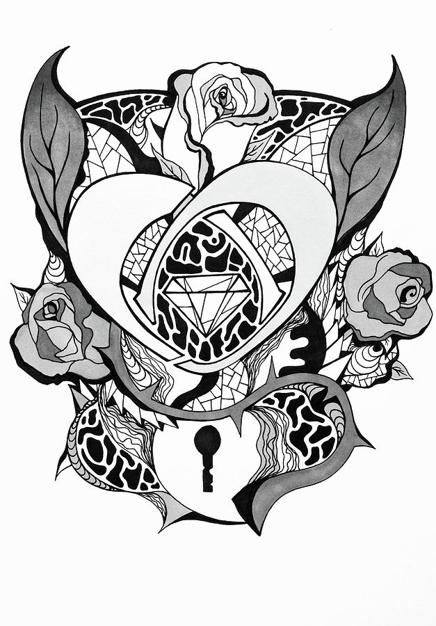 Locked Heart Surrounded By Roses Drawing Drawing by Kenal Louis