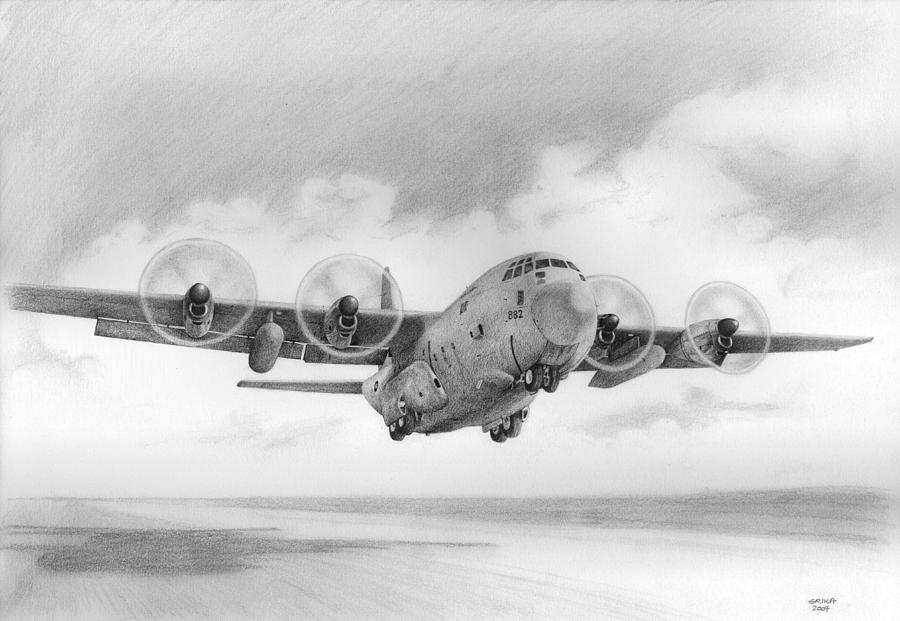 Aviation Drawing - Lockheed C-130 Hercules by Erika Chircop.