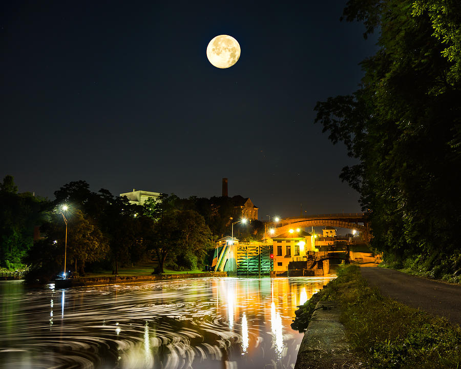 Lockport Locks under a Full Moon Photograph by Chris Bordeleau
