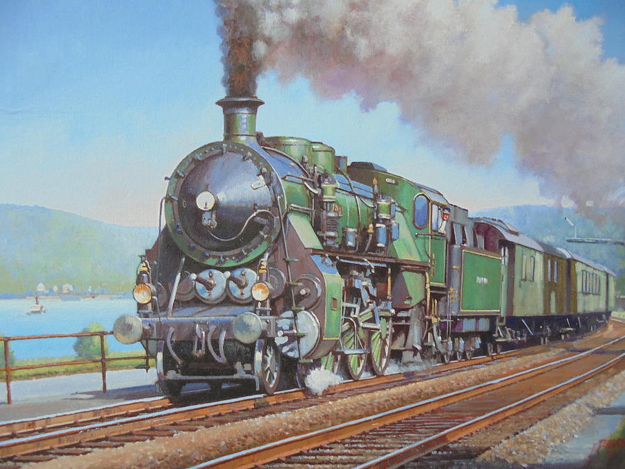 Loco by the lake. Painting by Mike Jeffries
