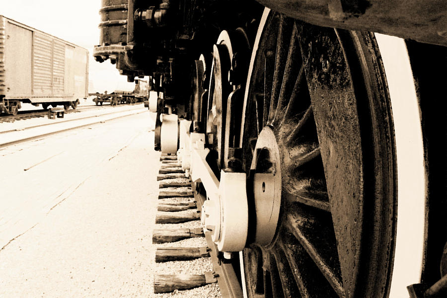 Locomotive 1519 - Wheels 02 - Vintage Water Paper - BW Photograph by Pamela Critchlow
