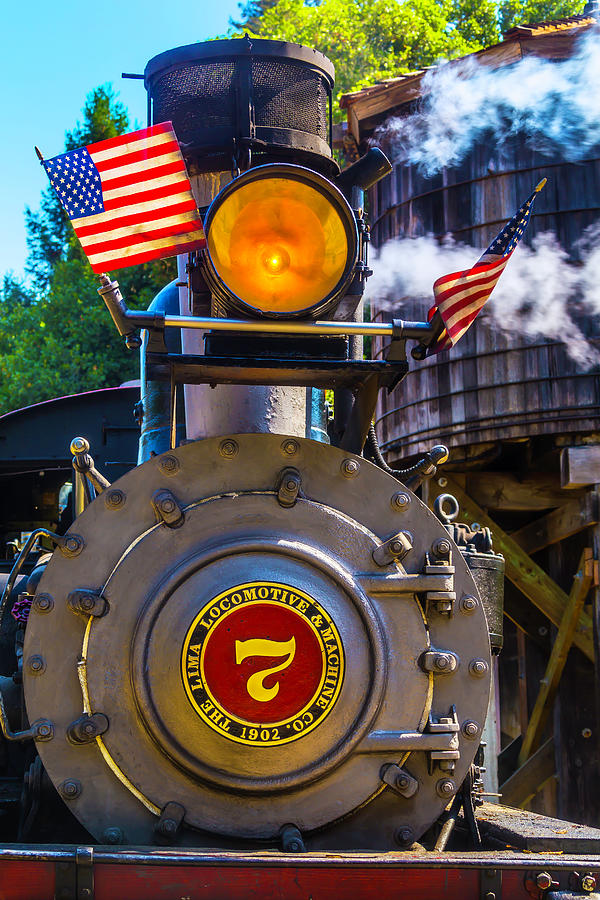 Locomotive And American Flag Photograph by Garry Gay