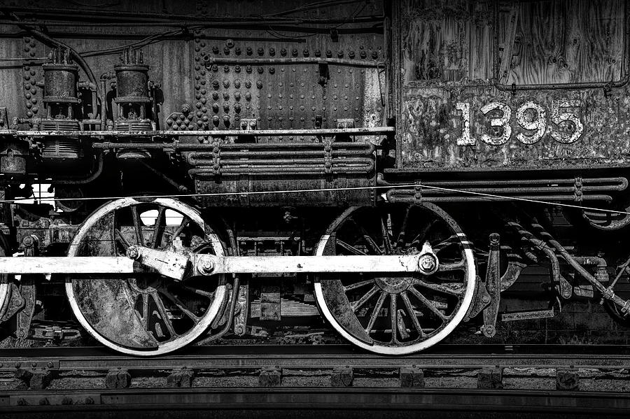 Locomotive Train Engine Wheels of No.1395 in Black and White Photograph by Randall Nyhof