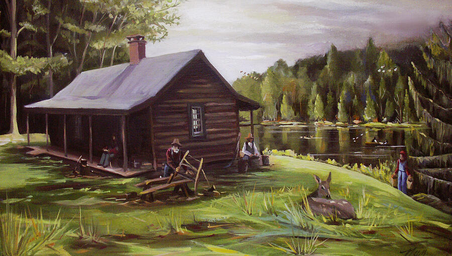 Log Cabin by the Lake Painting by Nancy Griswold