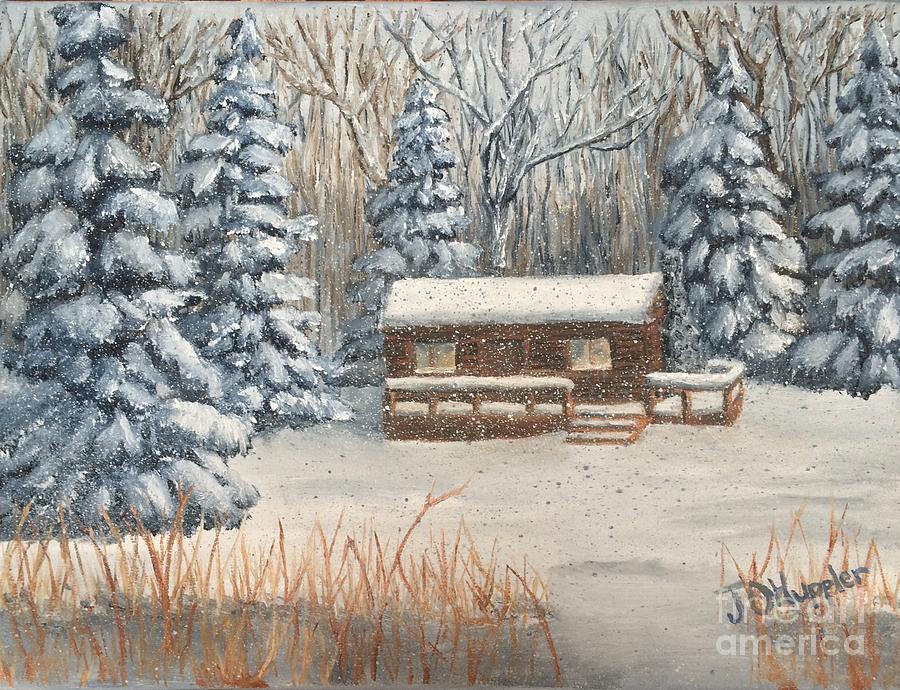 Log Cabin In A Winter Woods Painting By J O Huppler