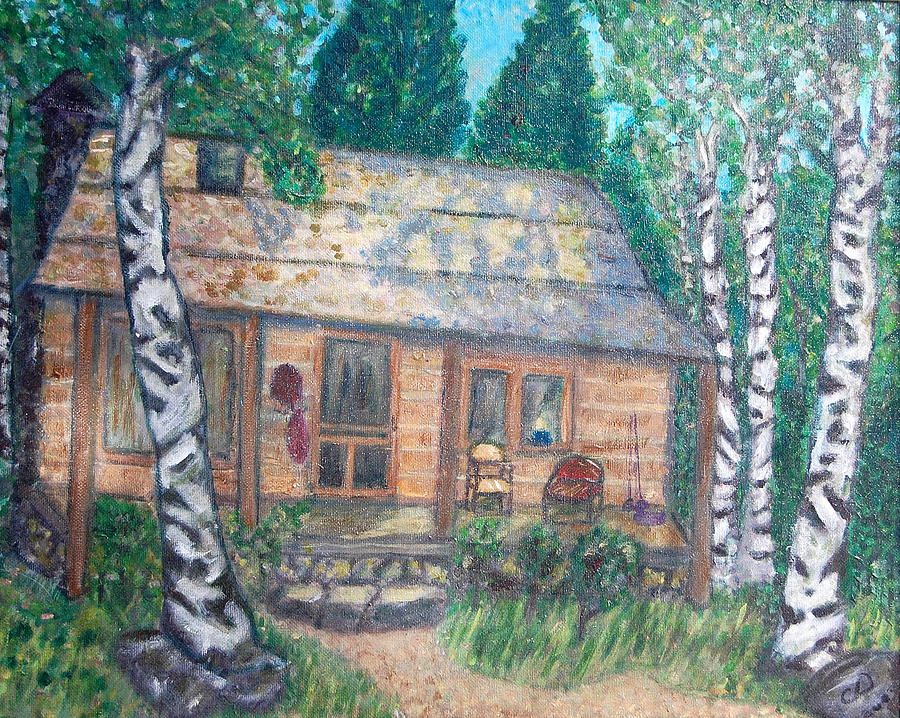 Log Cabin on Lake Moulton Painting by Carolyn Donnell