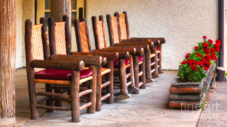 Log Chairs at Lake McDonald Lodge Photograph by Jerry Fornarotto