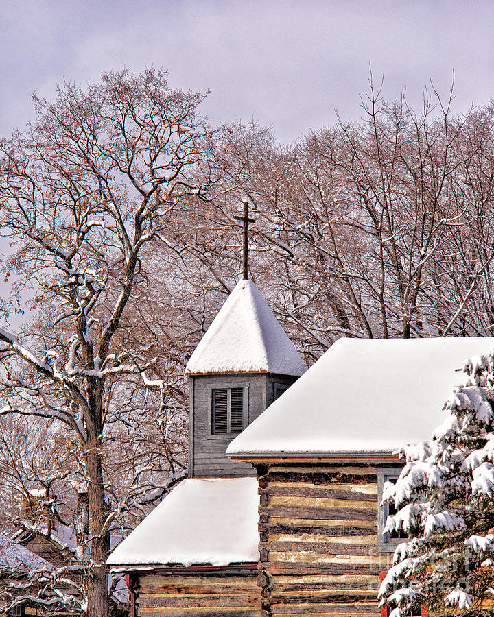 Winter Photograph - Log Church Old Bedford Village by Timothy Flanigan