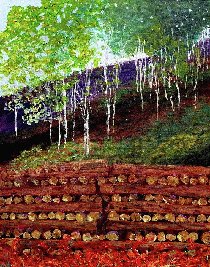 Log Pile Hockney style Painting by Nigel Radcliffe